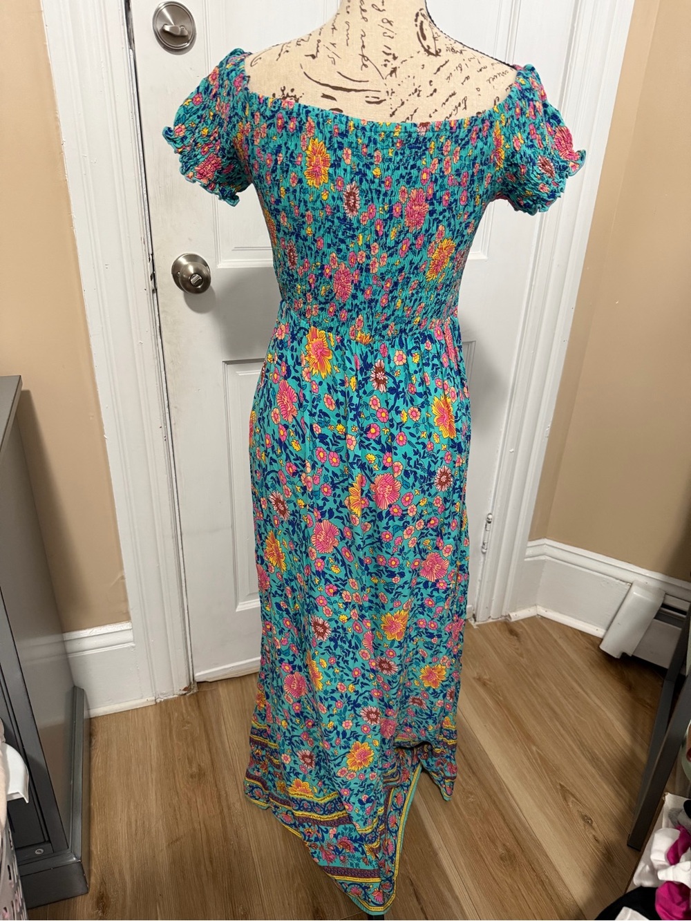 Floral Smocked Off-Shoulder Maxi Dress in Turquoise - Picture 2 of 3